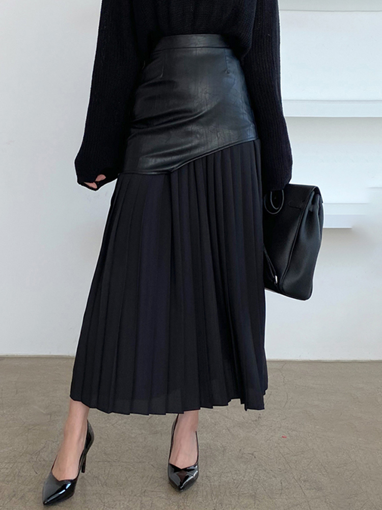 DEAT White Long Autumn Leather Patchwork A-line Wrap Hip Temperament Fashion Women's Pleated Skirt 7Z206 220322