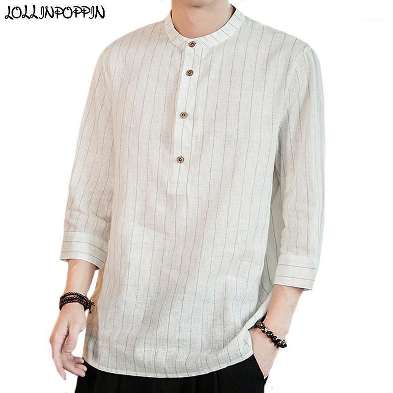 

Men Stripe Linen Shirt Half Button Up Mandarin Collar Loose Casual Shirts Asymmetric Bottom Cotton & Men's, Beige white