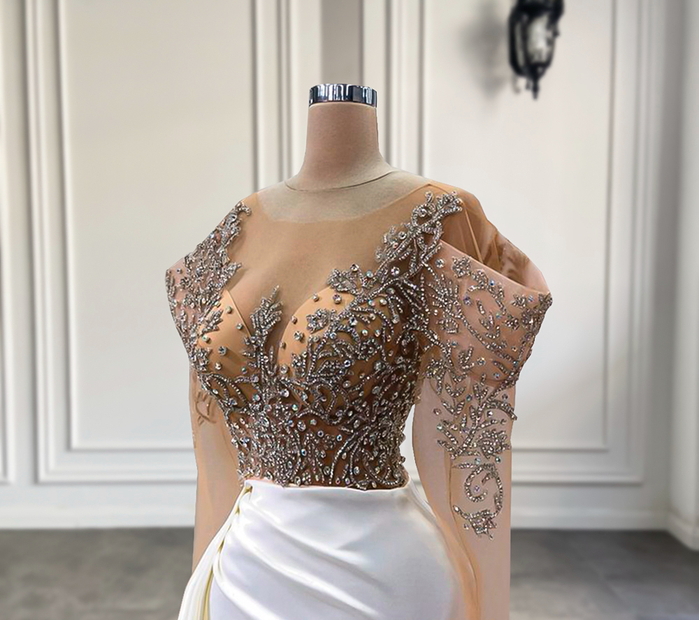 Luxury Evening Dresses Sheer Long Sleeve High Slit Sparkly Beaded Crystals White Satin Women Dubai Formal 2022 Special Occasion Dresses