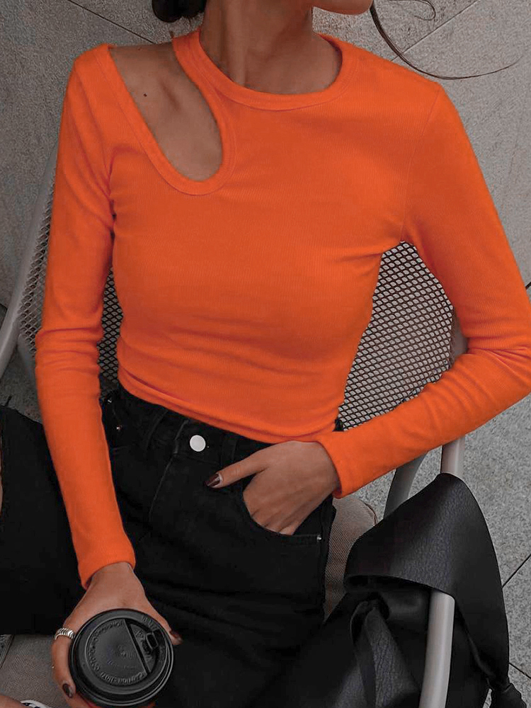 Beyouare Hollow Out Women Long Sleeve T Shirt Sexy Round Neck Skinny Tops Ribbing Solid Elegant Basic Tees Casual Autumn 220328