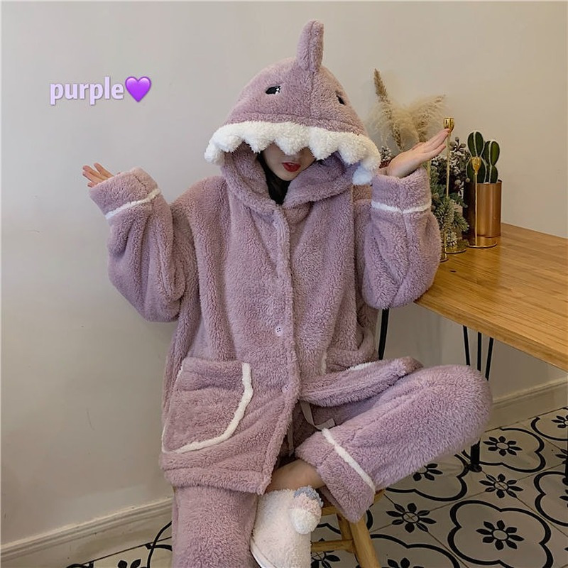 QWEEK Shark Women's Pajamas Flannel Hooded Sleepwear Kawaii Pijama Female Set with Pants Cute Pyjamas Halloween Party Loungewear 220329