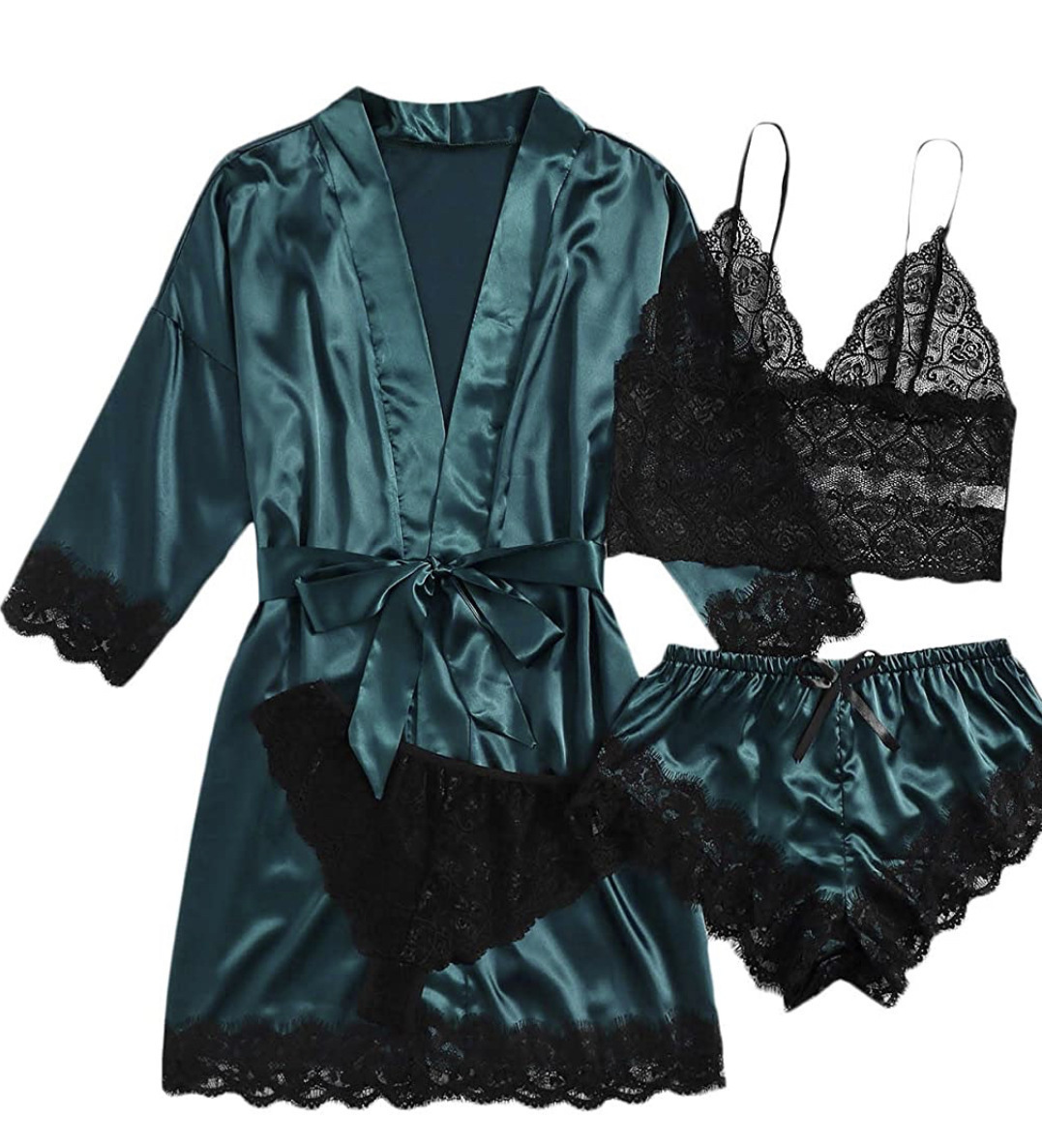 Lace Bra Panty Nightgown Shorts Loungewear 4Pcs Set womens home nightdress set underwear Comfortable soft day wear loose nightgowns skin friendly sexy