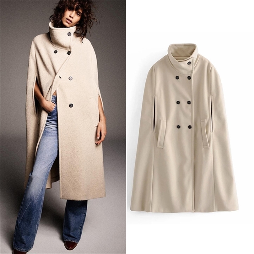 Winter Cloaks Women Fashion Solid Stand Collar Wool Capes Pockets Thick Coat Elegant Sleeveless A Line Female Ladies Outwear 201214