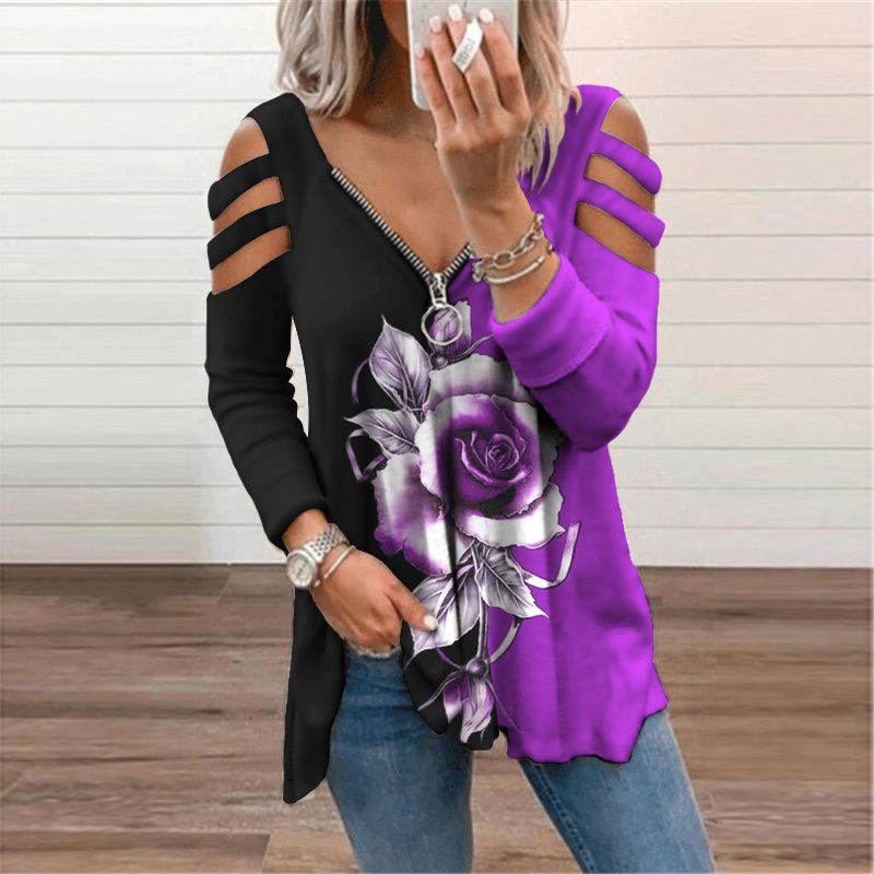 Fashion spaper Print T-Shirt Women's Clothing Autumn Street Casual Tee Shirt Ladie Zipper Vneck Tops Oversized Tunic 220321