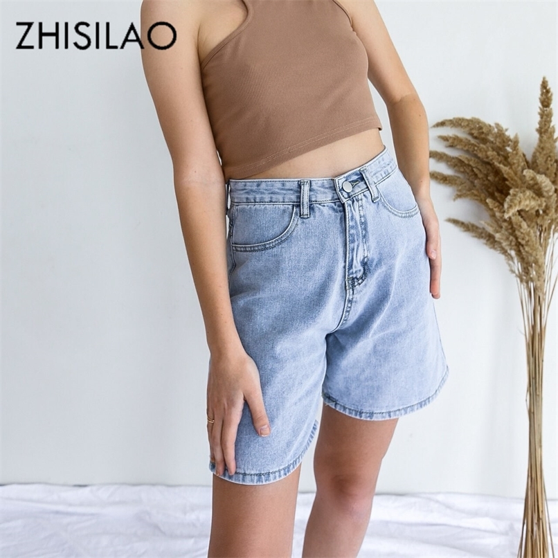 ZHISILAO Solid Knee length Denim Shorts Women Summer Vintage Boyfriend High Waist Wide Leg Jeans Streetwear 220630