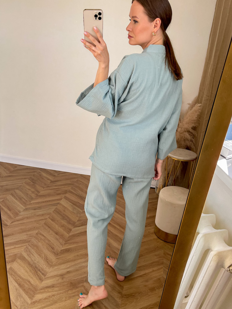 NHKDSASA Kimono Pajamas V-Neck Cotton Crepe Pijamas Women 2 Piece Set Double Layer Gauze Sleepwear Sleep Tops Men Homewear Mujer 220329