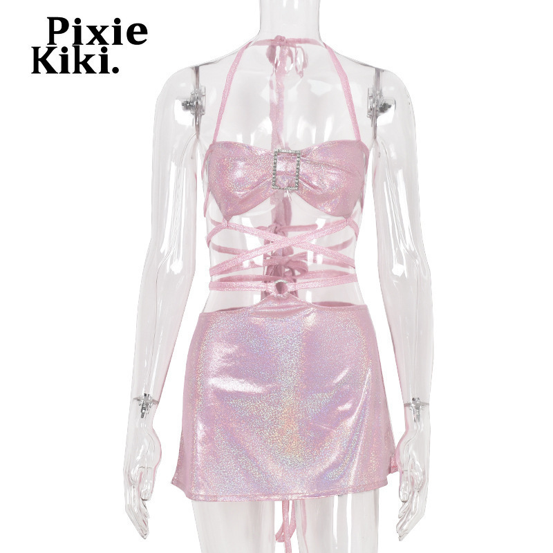 PixieKiki Glitter Pink Two Piece Set Fairy Grunge Crop Top Mini Skirt Summer Clothes Sexy Club Rave Festival Outfit P82CA11 220602