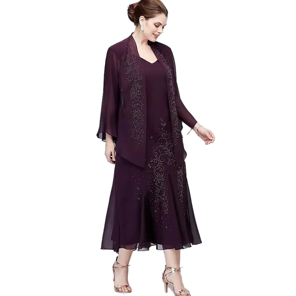 Elegant Tea Length Chiffon Mother Of The Bride Dresses Suits With Jacket Luxury Beaded Dusty Grape Wedding Guest Dress 2 Piece Groom Mothers Party Pro