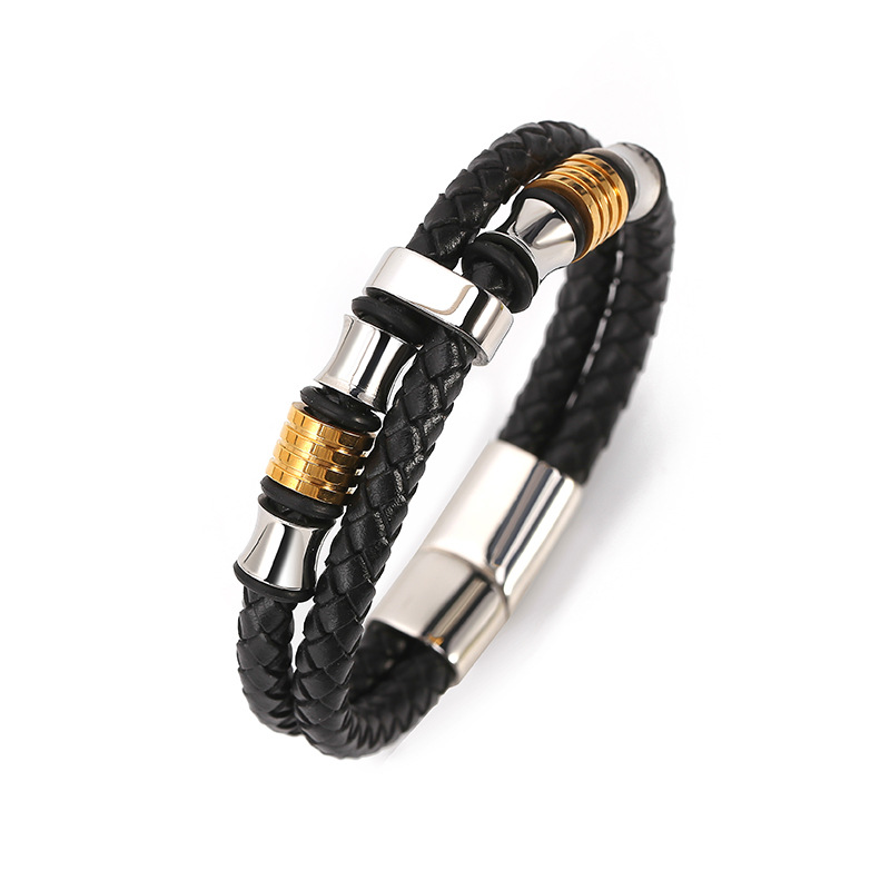 Handmade Stainless Steel Charm Bracelet Double Layer Genuine Leather Bracelets