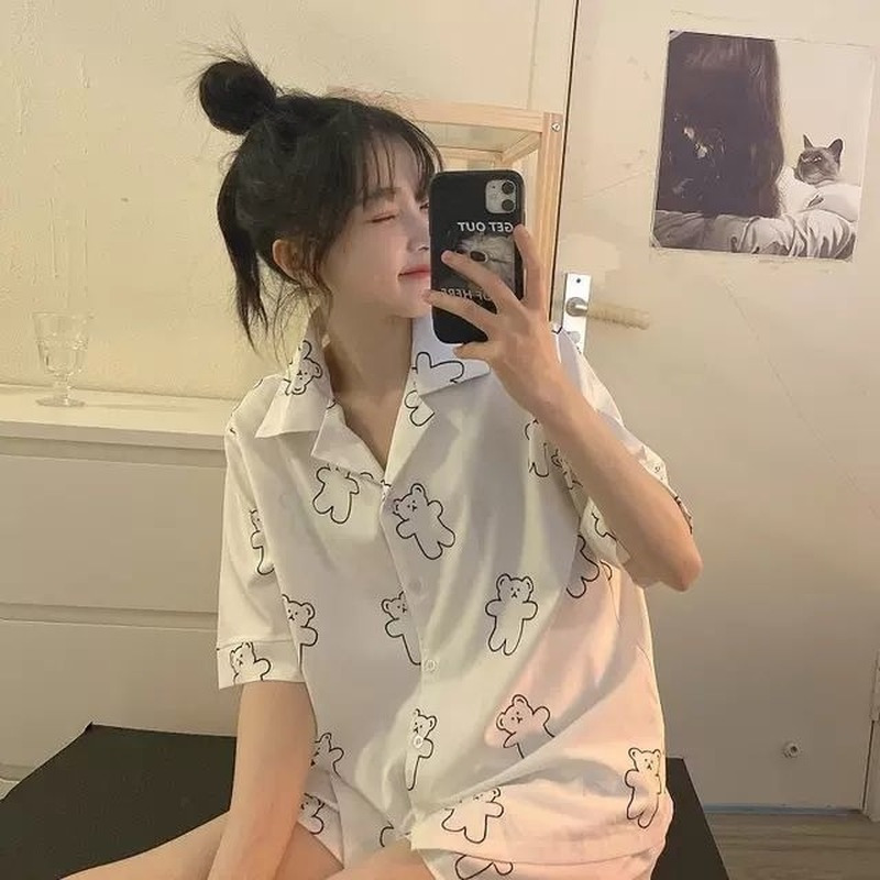 QWEEK Korean Style Bear Print Pyjamas Women Clothing Sets Summer Plus Size Pajamas for Teen Girls Kawaii Pijamas Sleepwear 220329