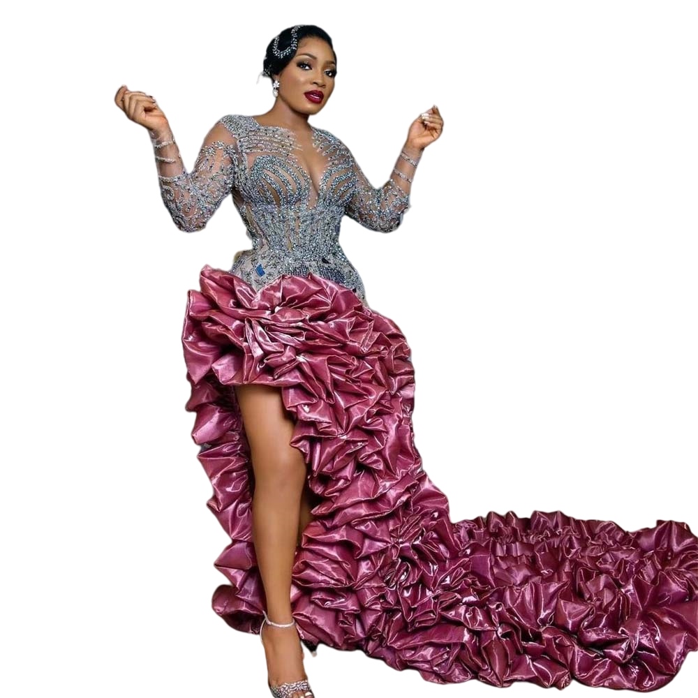 Fuchsia Asymmetrical Mermaid Prom Dresses Major Beads Sequins Illusion Aso Ebi Evening Dress Ruffles Train Black Girl Celebrity Gown