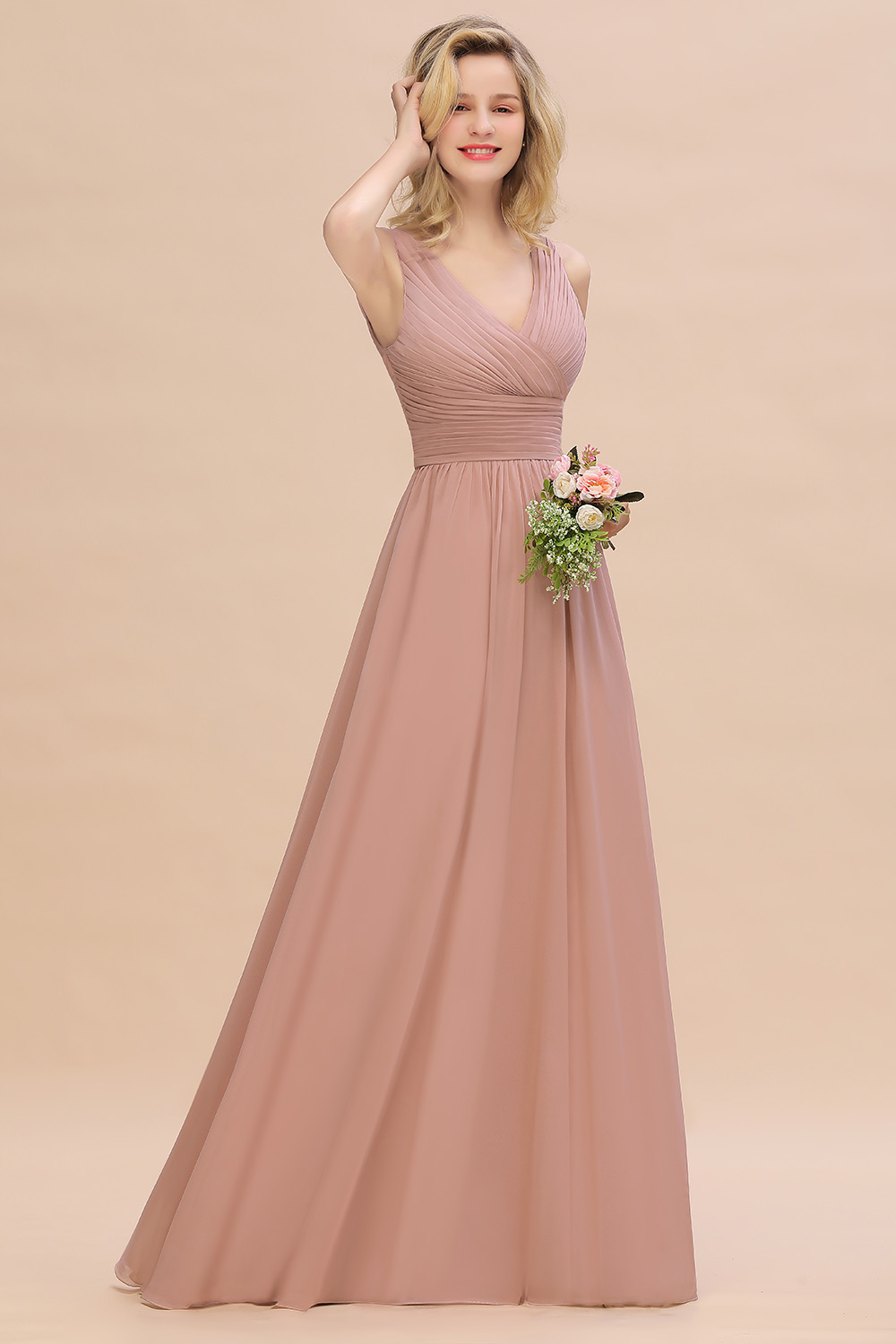Dusty Pink Chiffon Bridmesaid Dresses Designer A Line V Neck Pleats Long Summer Garden Bohemian Wedding Guest Maid of Honor Gowns Custom Made BM0752