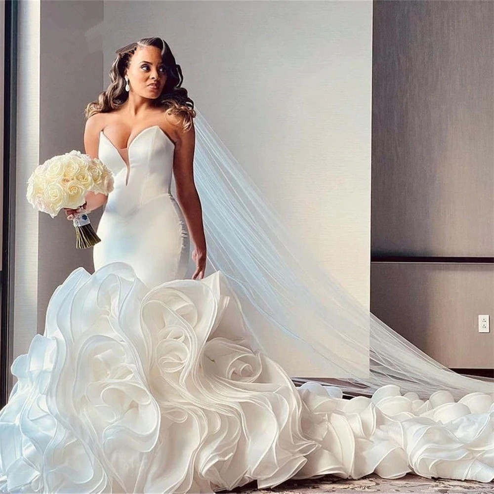 Sexy Mermaid Wedding Dresses Strapless Ruffle Train Satin Sweetheart Neck Bridal Gowns Custom Made Plus Size Formal Brides Gown