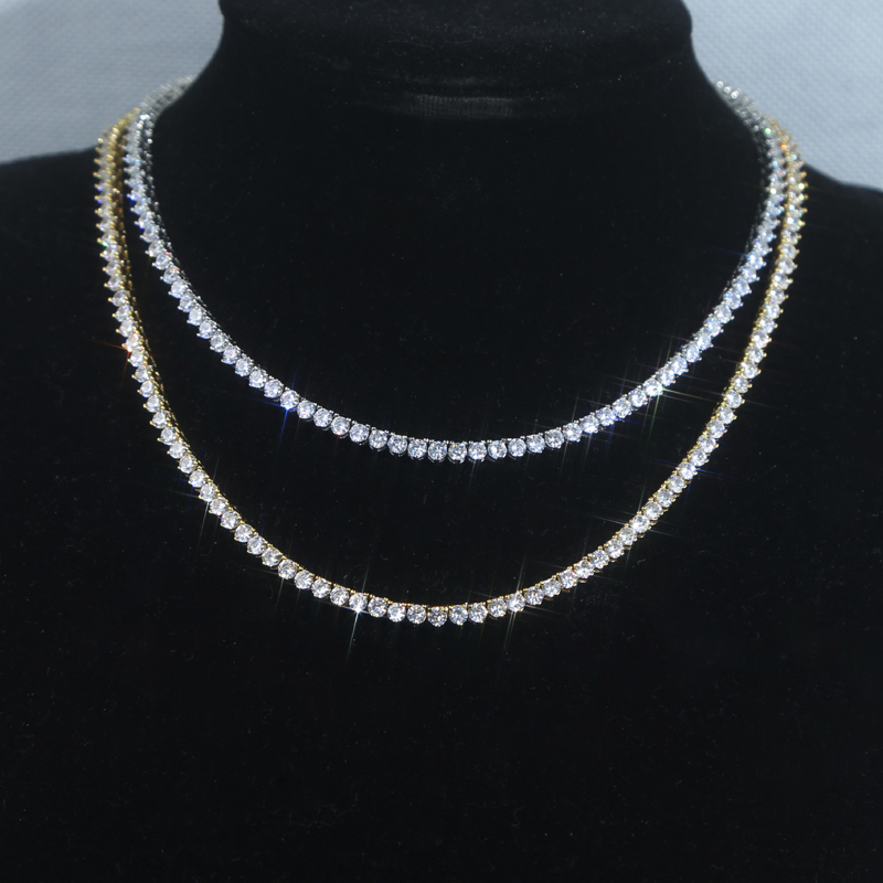 3mm Round Cut Iced Out Cubic Zirconia Tennis Link Chain Hiphop Bling 1 Row Shiny CZ Box Clasp Necklace Women Men Jewelry