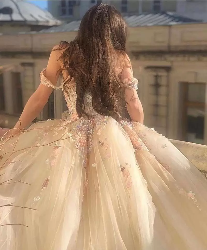 Fairy Champagne Princess Wedding Dresses Handmade Flowers Lace Floral Off Shoulder Sweep Train Plus Size Bridal Party Gowns Vestidos De Novia