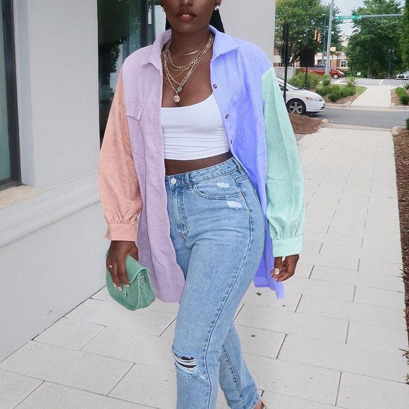 Fashion Spring Autumn Women Patchwork Long Loose Shirts Blouse Plus Size Button Up Shirt Blusas Women' Blouses, Blue
