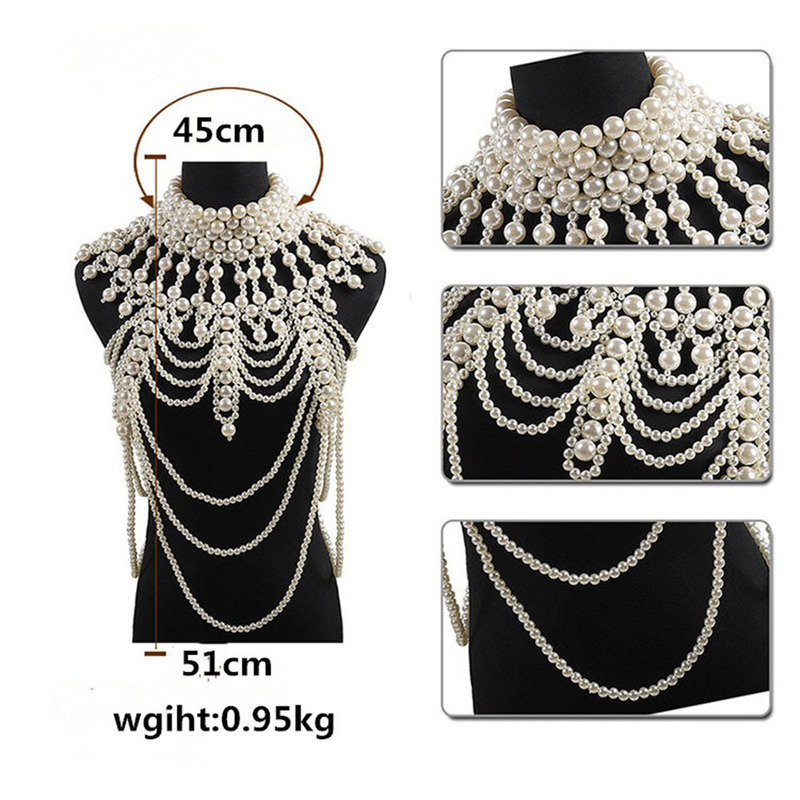 Retro advanced Pearls Crystal Body Jewelry Chain Sexyhandmade beaded Women Bridal wedding dress large necklace jewelry Accessor 220402