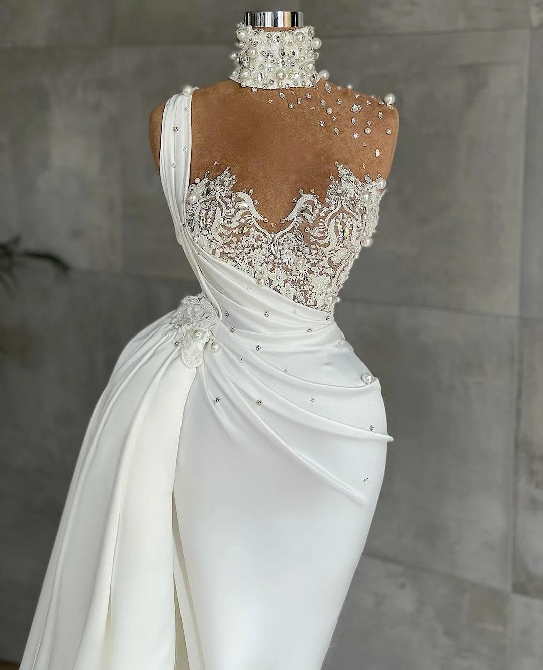 Elegant White Mermaid Wedding Dress With Detachable Skirt Lace Pearls Ruched Overskirt Bridal Gowns High Neck vestido de novia Saudi Arabia Turkey