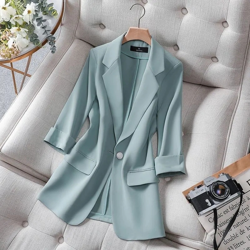 Summer Solid Color Elegant Green Blazer Casual Thin Women Jacket Women's Korean Style V-neck Office Lady Suit Coat 220802