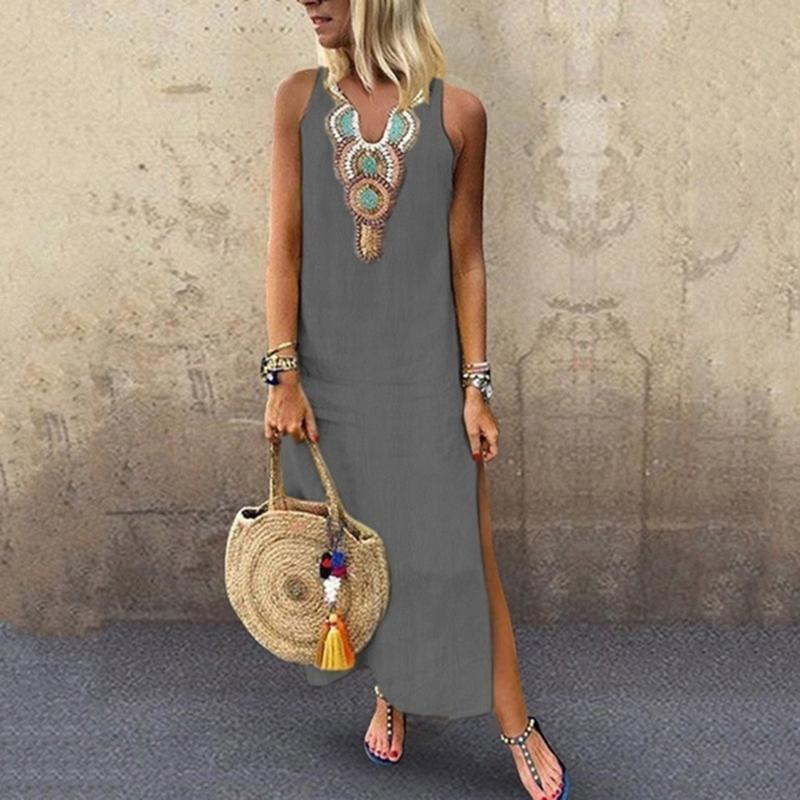 Casual Dresses Boho Women White Vintage Split Plus Summer Vacation Party Long Maxi Dress Sleeveless Sundress Kaftan