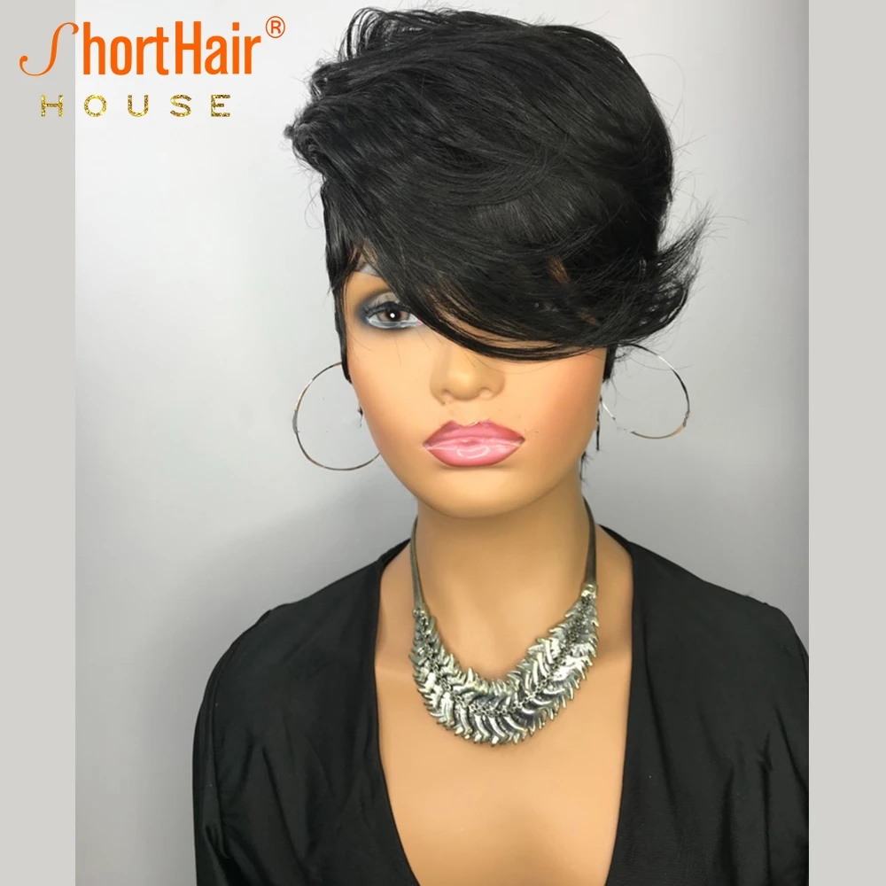 Short Pixie Cut Human hair Wig Natural Wavy Glueless Wigs With Bangs Brazilian Remy Hair For Black Women Full Machine Made
