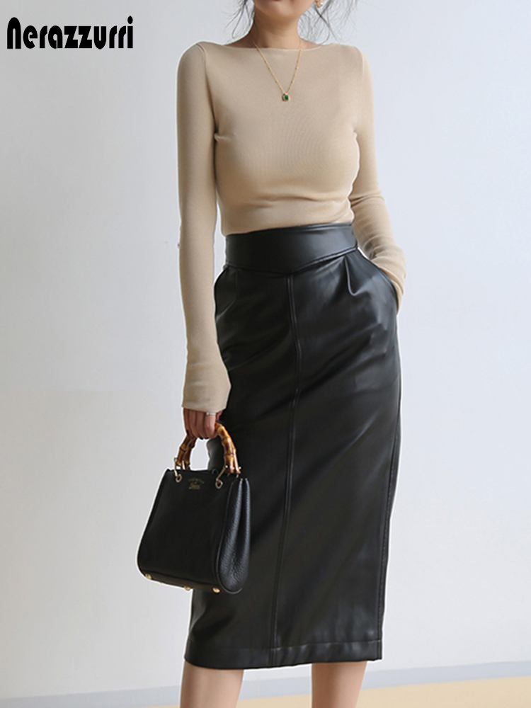 Nerazzurri Spring midi leather skirt women Brown white black long high waisted pencil skirts for side slit zipper 7xl 220317