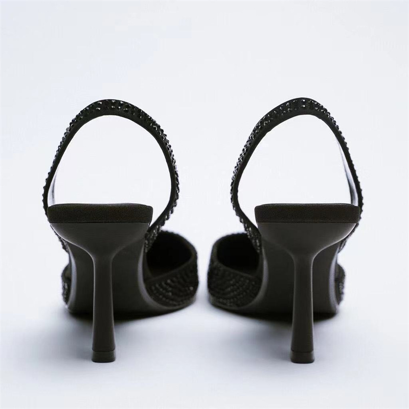 WSL TRAF ZA Spring Woman's Shoes Set Diamond Pointed Toe Slingback with Heels Black Women's Mules Sandals 220328