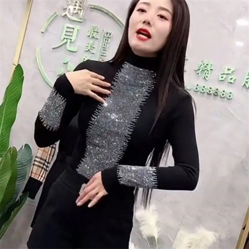 drill Half high collar T-shirt Women's Bottoming Tee Winter Plus velvet Warm Pullover Base Tops Sexy Female Diamond Tshirt 220321