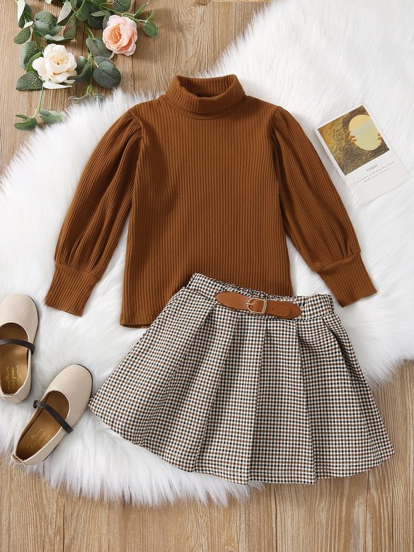 Toddler Girls Turtleneck Lantern Sleeve Sweatshirt & Plaid Print Buckle Skirt SHE