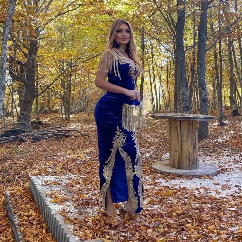 Karakou Algerien Arabic Evening Dresses Dubai Veet High Split Caftan Prom Gowns Kaftan Mermaid Embroidery Party Dress 0431