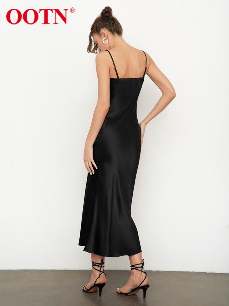 OOTN Sexy Satin Summer Dress Strap Soft Thin Silky Pencil Dress Party Elegant Black Prom Midi Dresses Women Gown Bodycon 220511