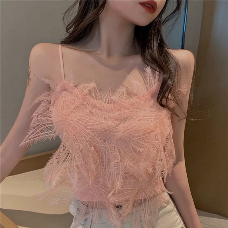 Lace Suspender Vest For Women's Style In Summer Sexy Feather Blue Corset Crop Top Camisole Tanks V Neck 220316