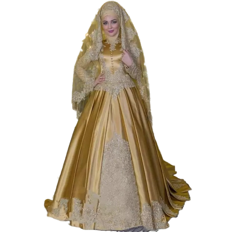 Gold Stin Muslim A e Hijb Wedding Dresses Bridl Gowns Buttons High Neck Long Sleeve Arbic Islmic Plus Size Bride Forml Dress Vintge Vestidos De