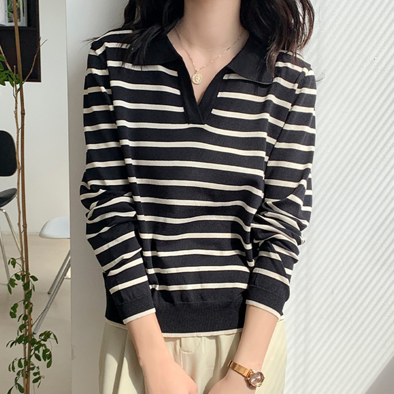 Autumn Stripe Women Tshirt Apricot Polo Collar Long Sleeve Top Casual All-match Korea Fashion Tee Shirt Femme 220321