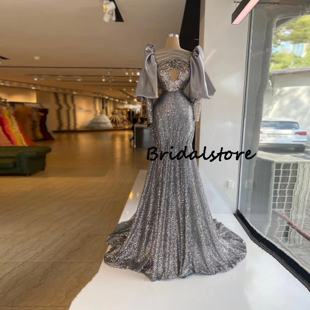 Gray Sequin Mermaid Prom Dress Long Sleeve Keyhole Neck Plus Size Black Girls Evening Dresses Elegant Ceremony Formal Party Gown Vestidos Elegantes Pa