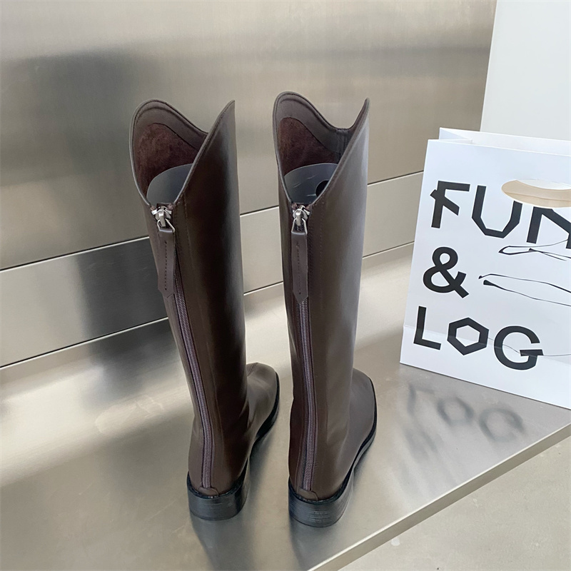 Women's Boots Spring And Autumn Korean Coffee Western Cowboy Boots With Square Head Below The Knee Boots With Thick Heels