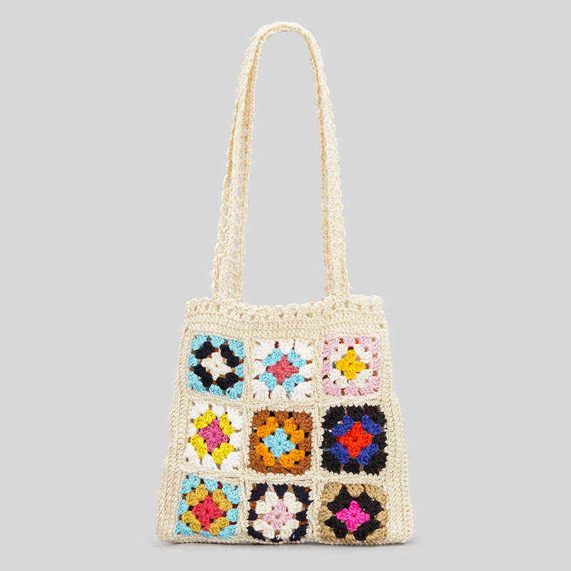 Bohemain Crochet Women Shoulder Bags Granny Square Tote Casual Knitted Handbags Handmade Woven Summer Beach Small Purse 220705