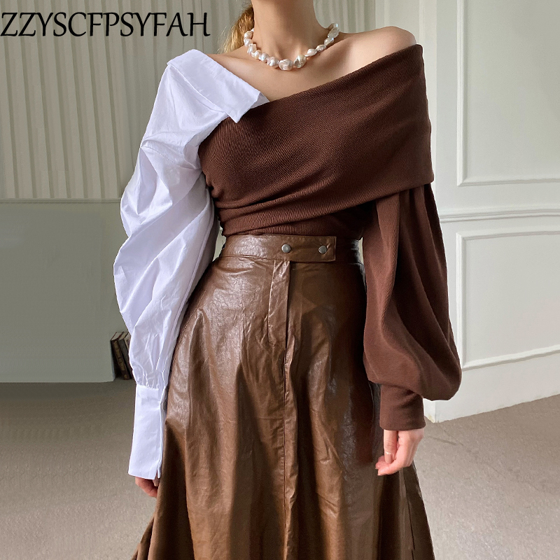 fashion off shoulder top casual Splicing women sexy tops lady beautiful nice woman tshirts female OL Streetwear BAt184 220328