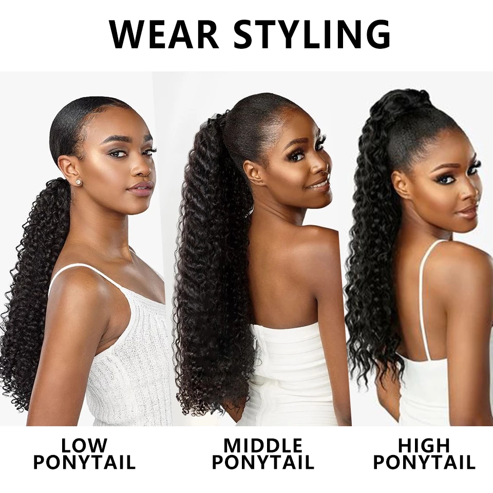 Human Long Kinky Curly Ponytail virgin Drawstring Ponytail Clip-In Hair Extension For Women Natural Looking pony tail hairpiece 160g black brown Diva2