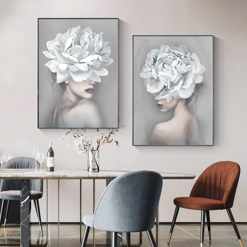 White Flower Girl Women Posters and Prints Nordic Figure Canvas Painting Girls Wall Art Flower Pictures for Living Room Bedroom