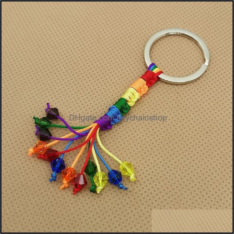 Key Rings Jewelry Custom Chains European And American New Color Woven Couple Chain Lgbt Rainbow Tassel Crystal Pendant Drop De Dh7Ot