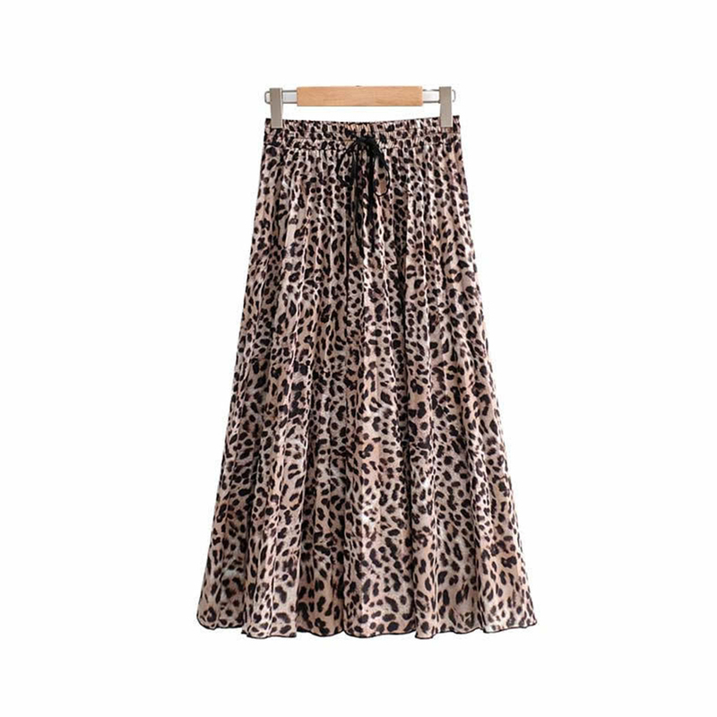 Jocoo Jolee Skirt Women Leopard Print Pleated Skirts Vintage Drawstring Elastic Waist Midi Skirts Casual Korean A Line Skirt 220701