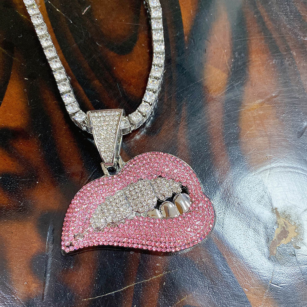 Lips Cubic Zirconia Pendant Necklaces Iced Out Tennis Cuban Chain Rapper Mens Hip Hop Jewelry Necklace Bracelets Gold Silver Miami Hiphop ALIN0007