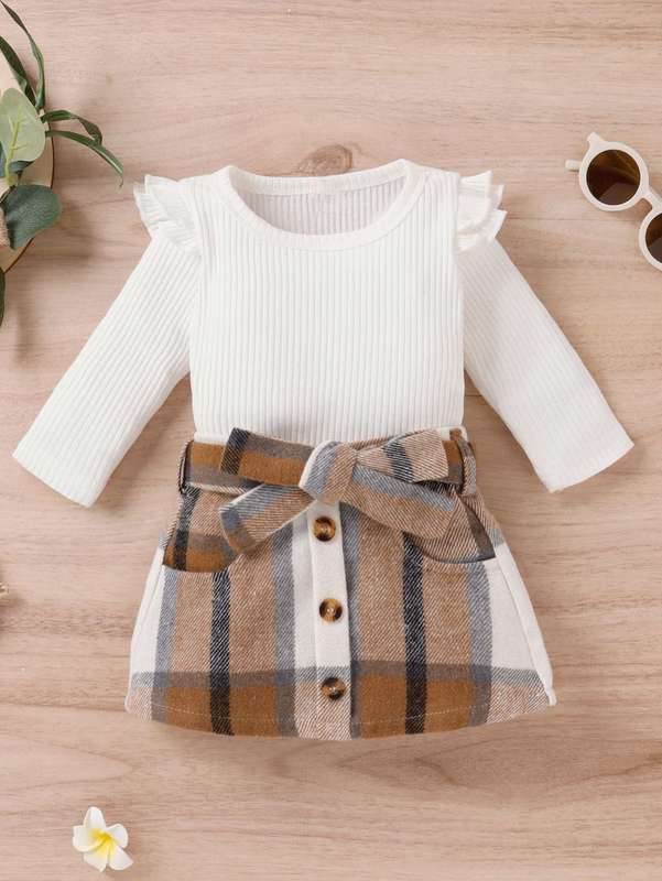 Toddler Girls Ruffle Trim Tee & Plaid Print Belted Skirt SHE