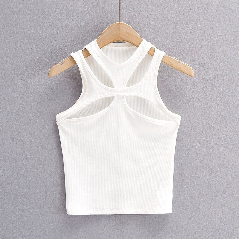 BRADELY MICHELLE Girls Asymmetrical Hollow Solid Color Knitted Round Neck Short-sleeved Summer Sexy Vest on The Chest 220325