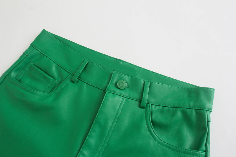 Women Green PU Leather Pants Zipper Female Autumn Winter Pencil Trousers 220325
