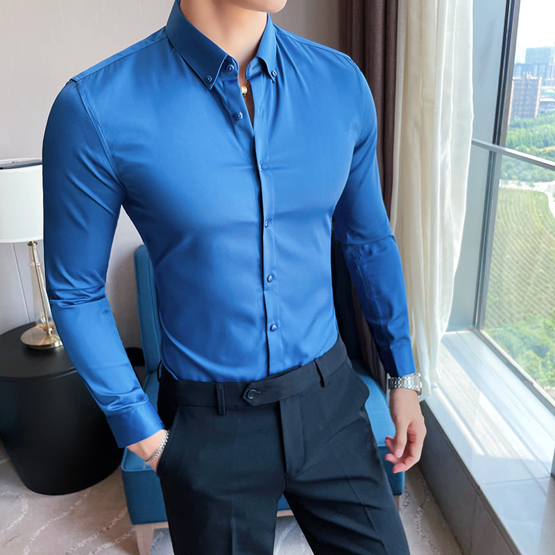 Plus Size 5XL-M British Style Solid Long Sleeve Shirt Men Clothing Simple Slim Fit Business Casual Chemise Homme Formal Wear 220322