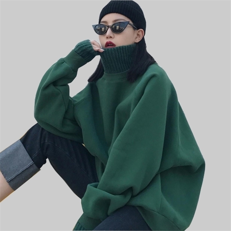 Autumn Women Plus Size Harajuku Green Knitted Sweatshirt Winter Hip Hop Thicken Turtleneck Streetwear Sweatshirt Loose Pullovers T200723