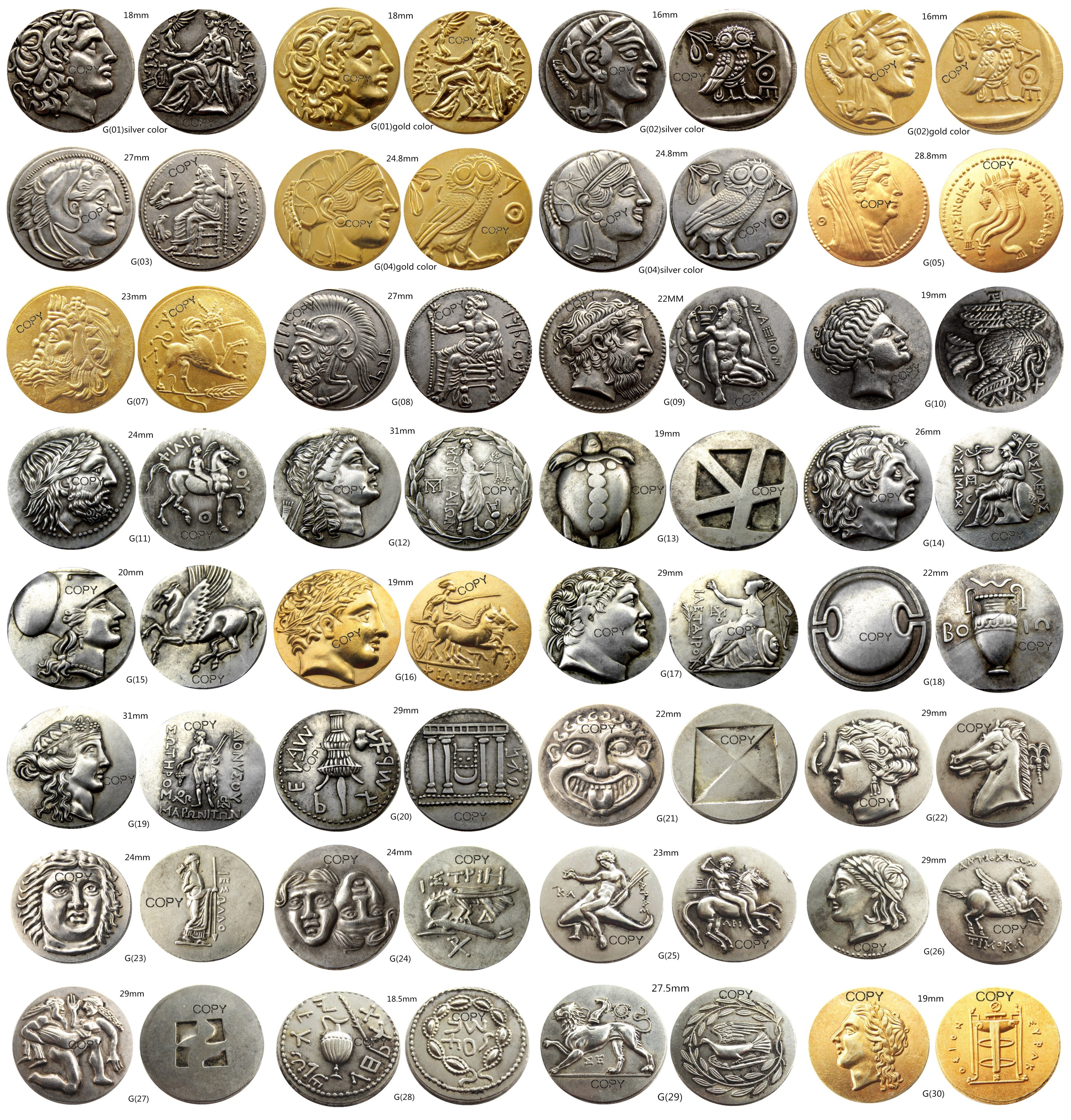 Greek Ancient Mix Silver/Gold Plated 58pcs Craft copy coins metal dies manufacturing factory Price
Greek Ancient Mix Silver/Gold Plated 58pcs Craft copy coins metal dies manufacturing factory Price