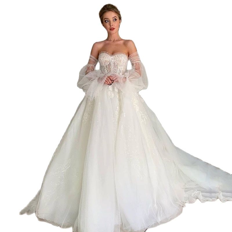 Princess Ball Wedding Dresses Long Sleeves Sweetheart Sequins Appliques Lace Ruffles or Length Bridal Gown Vintage Plus Size robes de soiree